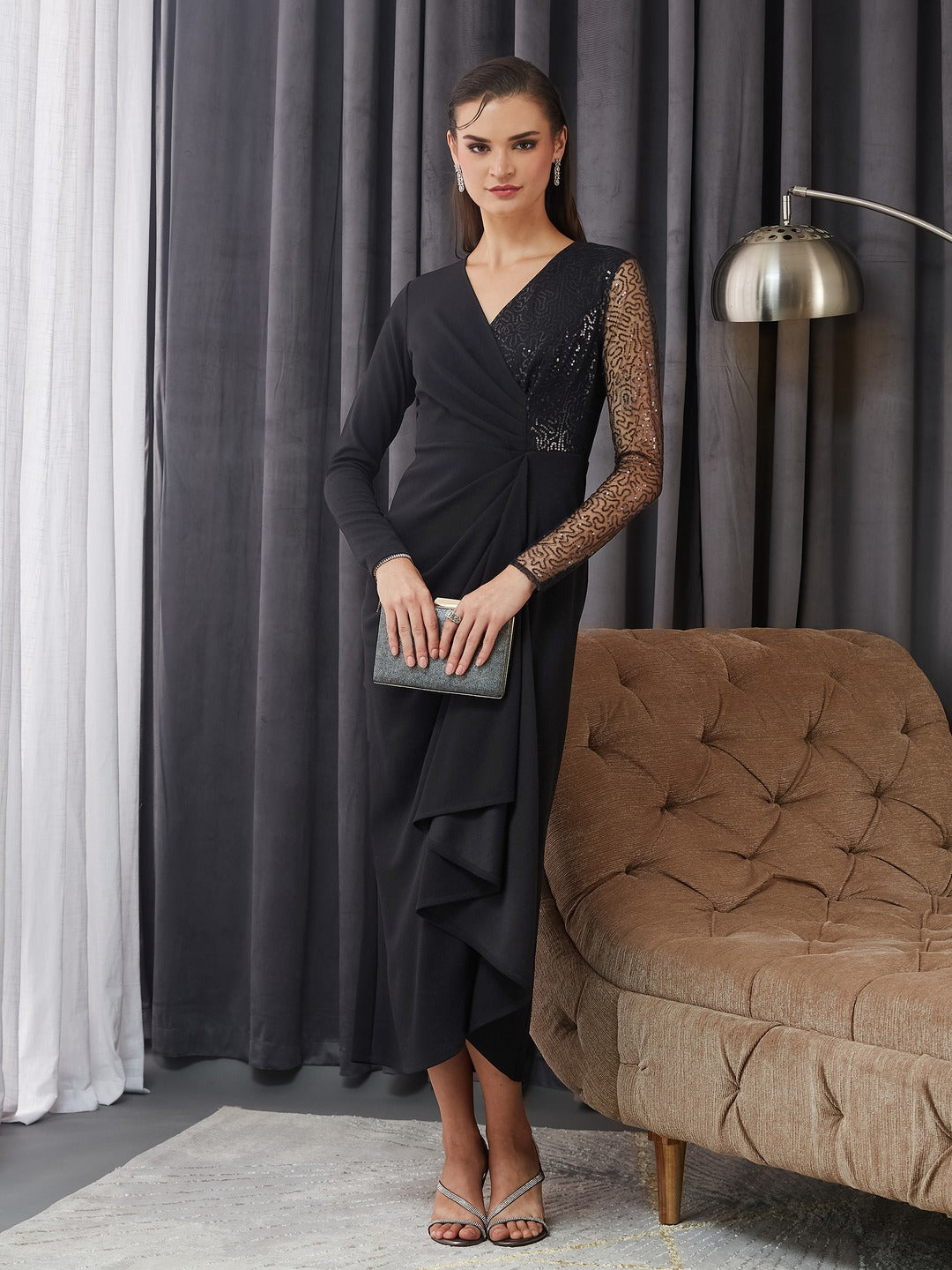 Black V-Neck Full Sleeve Embellished Bodycon Midi Polyester Dress for Women