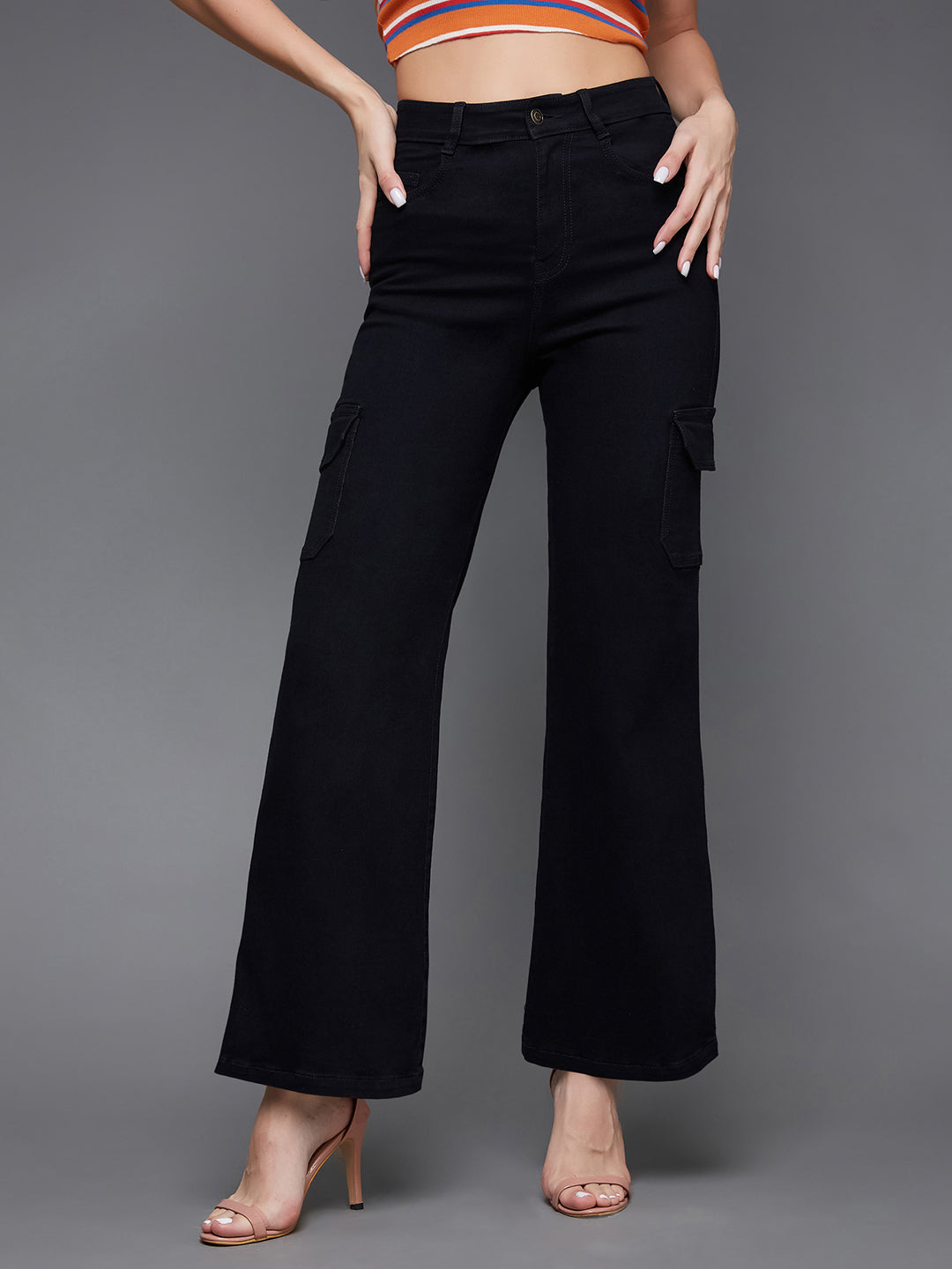 24/7 Comfort Women's Black Wide Leg High Rise Clean Look Patch Pocketed Regular Stretchable Denim Jeans