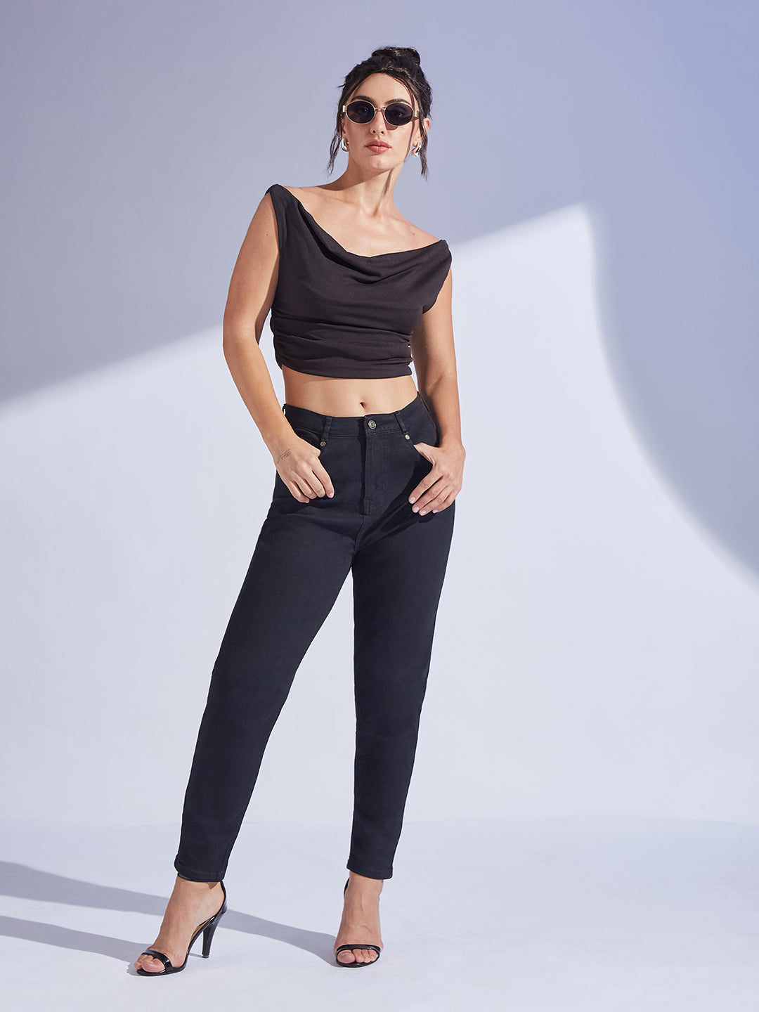 Women's Black High-Rise Regular-Length Stretchable Denim Mom's Jeans