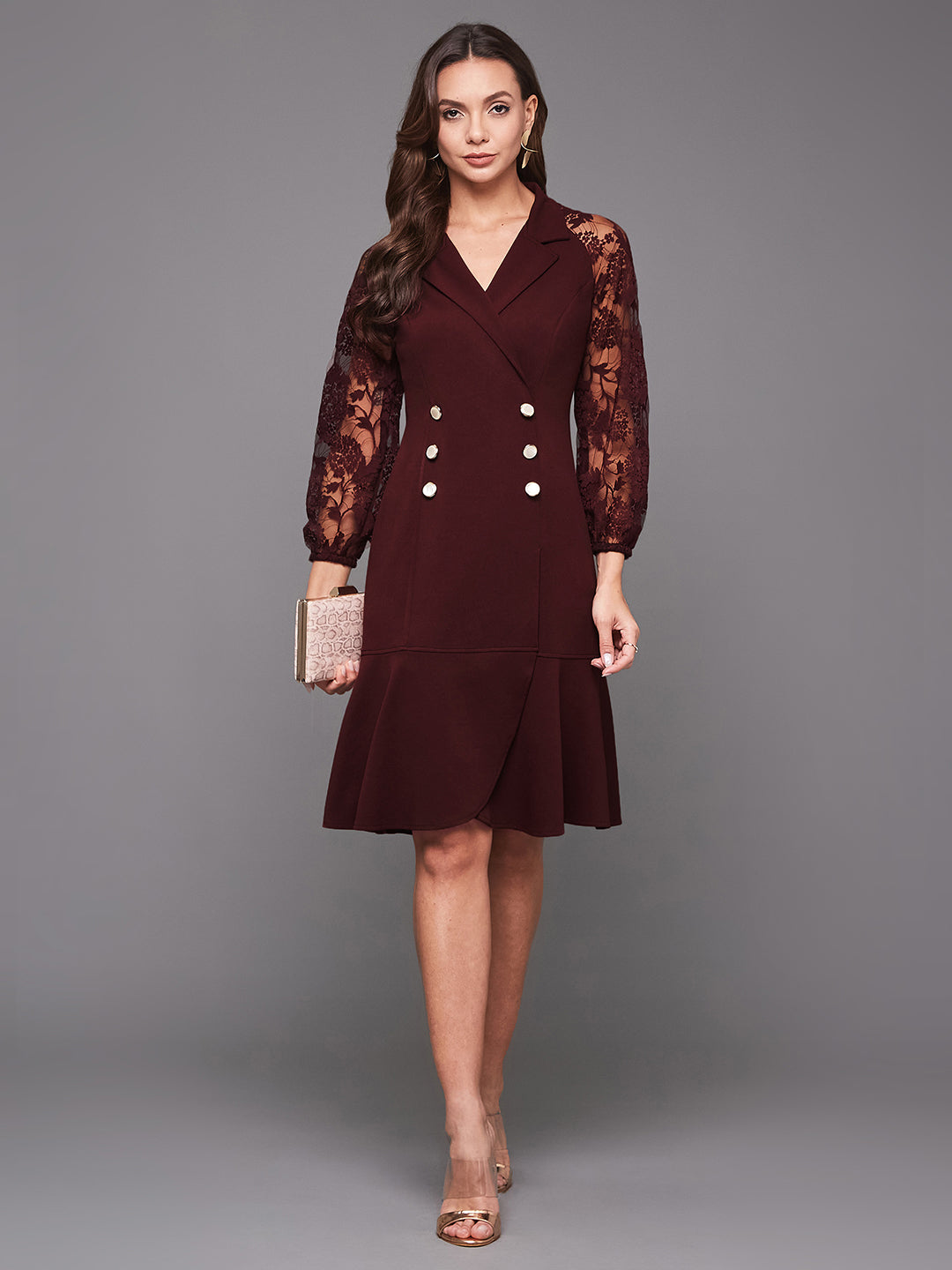 Women's Wine V-neck Full Sleeves Solid Blazer Knee Length Dress