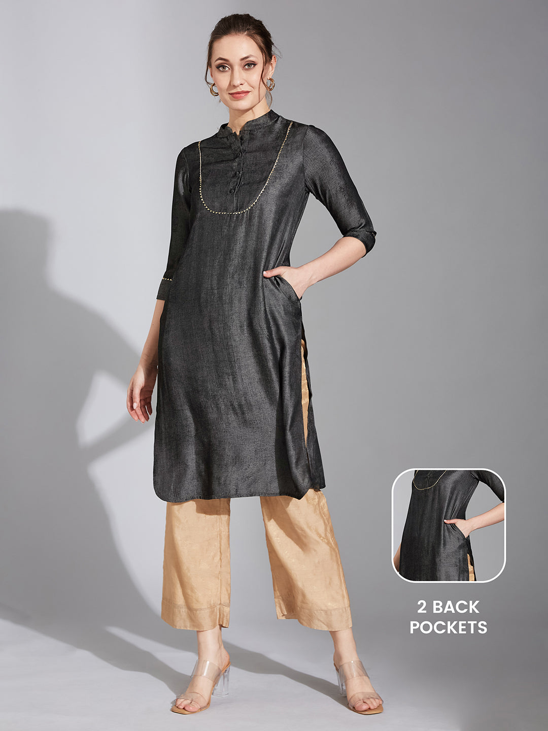 Women's Black Chinese Collar 3/4 Sleeve Solid Knee-Long Polyester Straight Kurta