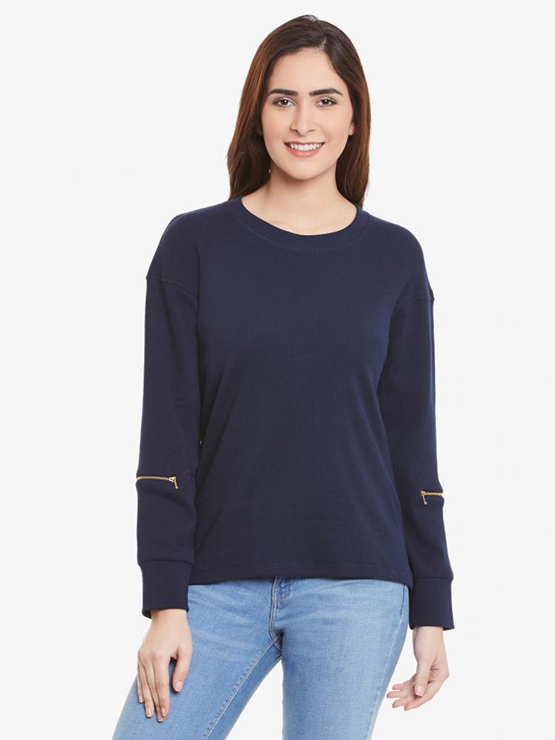 Women's Navy Blue Solid Round Neck 3/4 Sleeve Regular Length Top