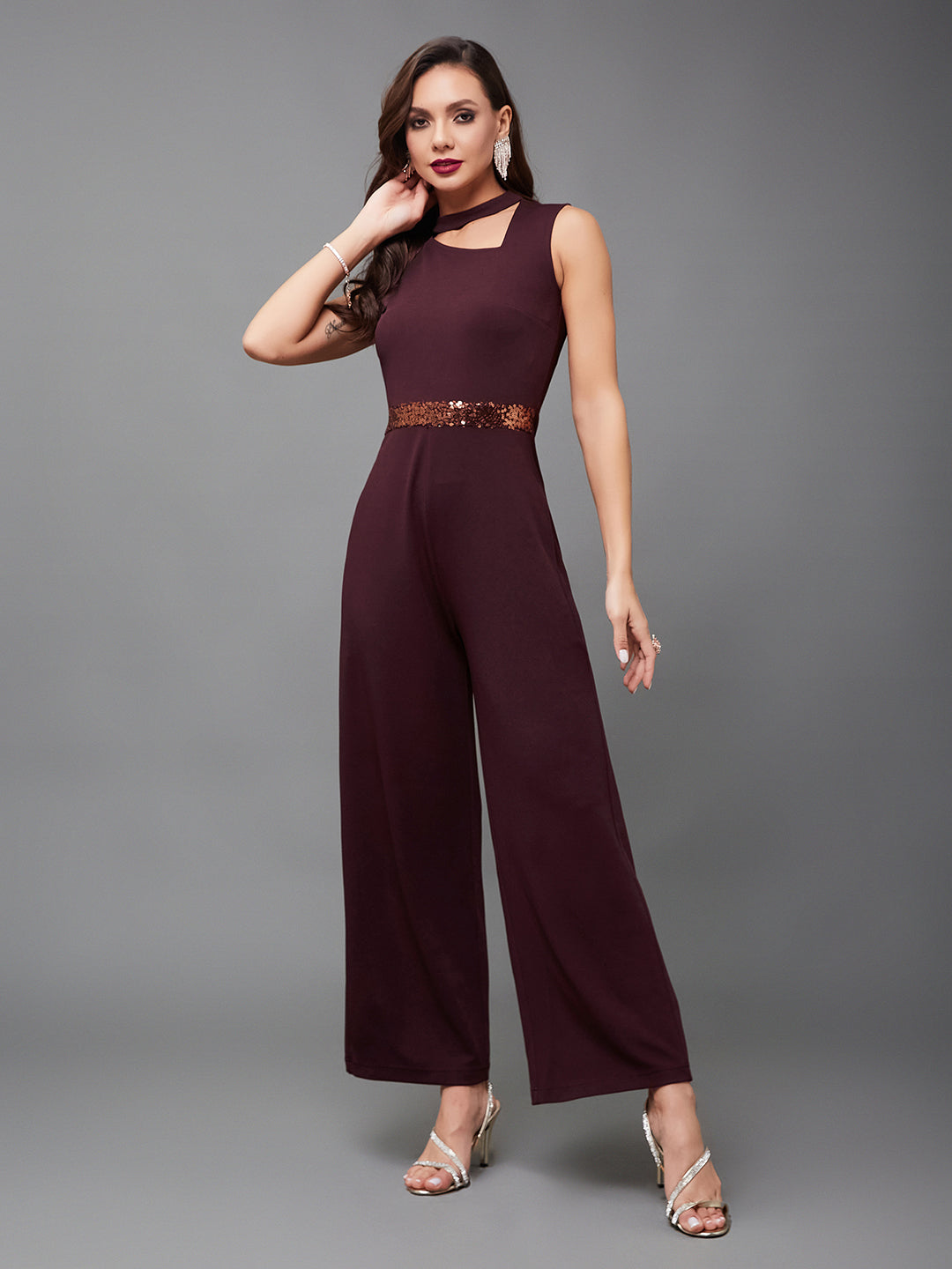 Crease Ease Cocktail Women's Wine Collared Sleeveless Solid Asymmetric Neck Cut-Out Jumpsuit