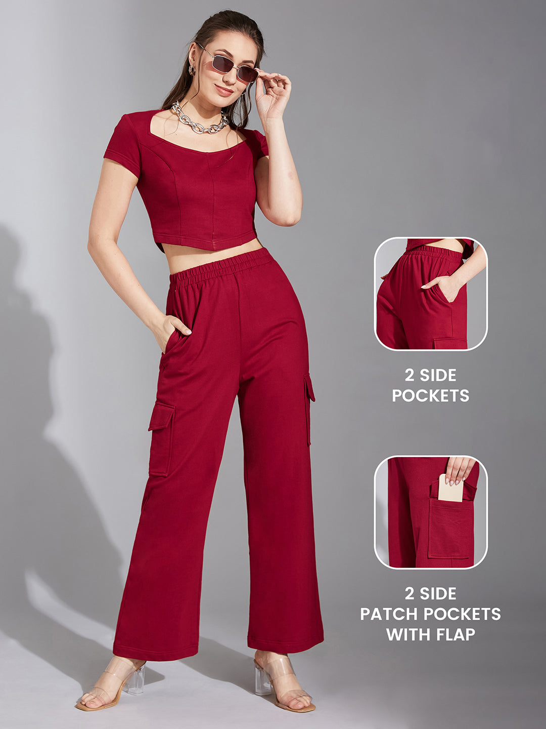 Women's Maroon Wide-Neck Short Sleeve Solid Regular-Length Flap Pocketed Cotton Panelled Co-Ord Set