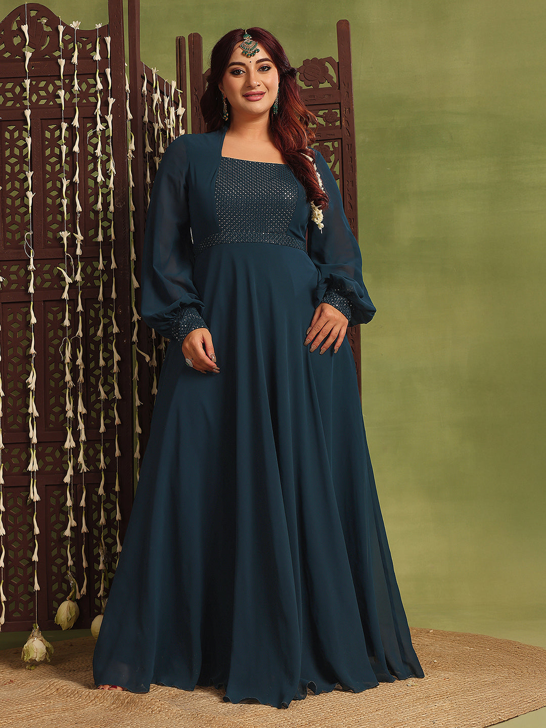 Women's Teal Mandarin-Collar Bishop Sleeve Embellished Panelled Georgette Maxi Dress