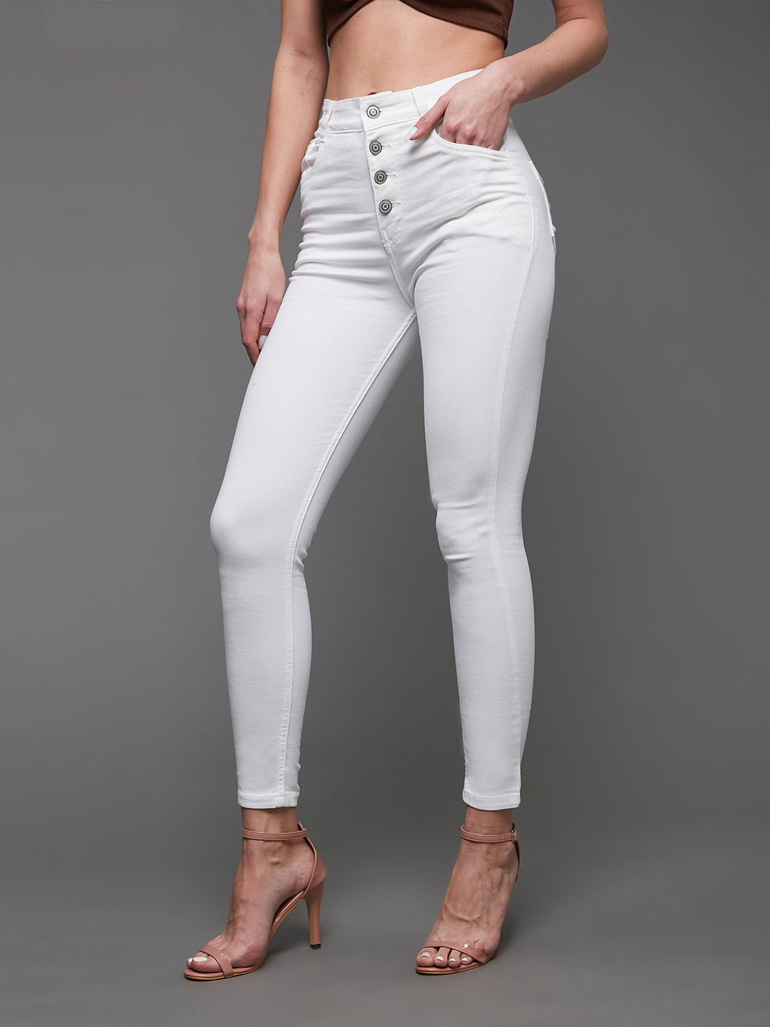 Women's White Skinny Fit High Rise Clean Look Stretchable Regular Length Bleached Denim Jeans