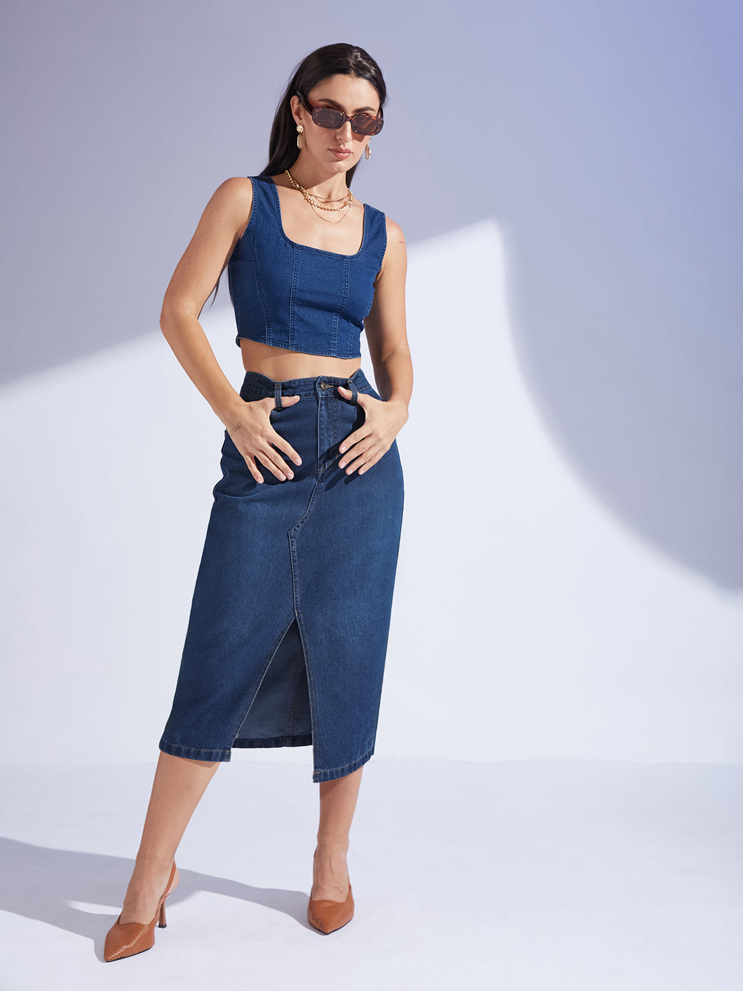 Women's Dark-Blue A-Line High-Rise Non-stretchable Denim Midi Skirt