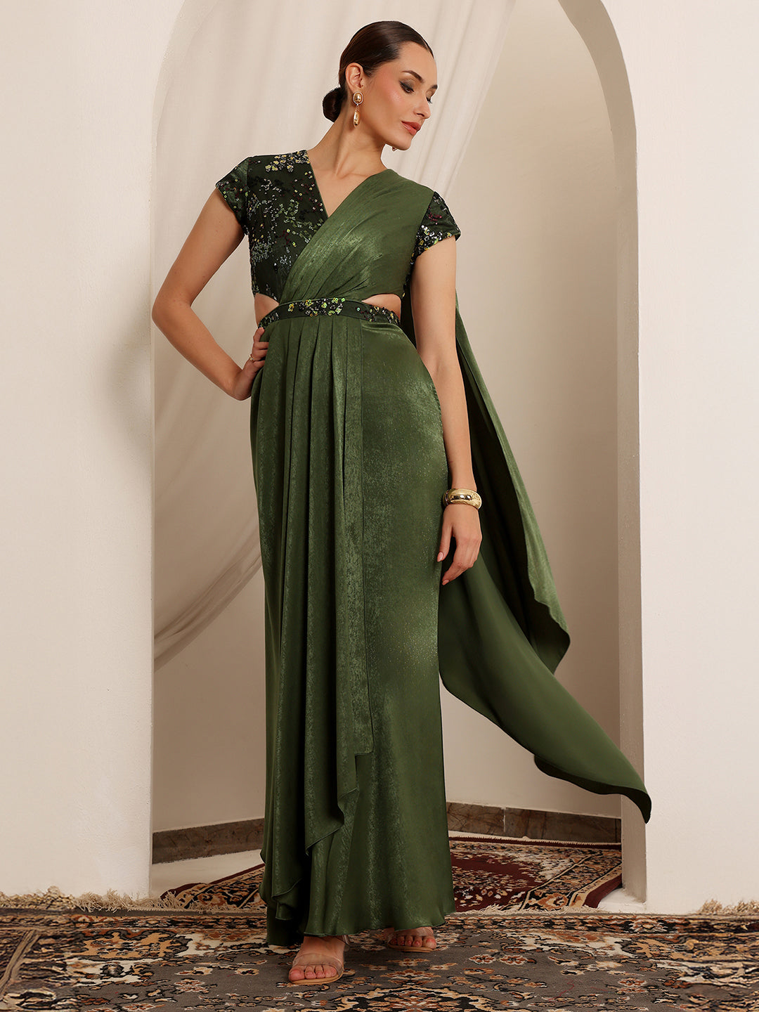 Women's Olive V-Neck Short-Sleeve Embellished Draped Maxi Velvet Dress