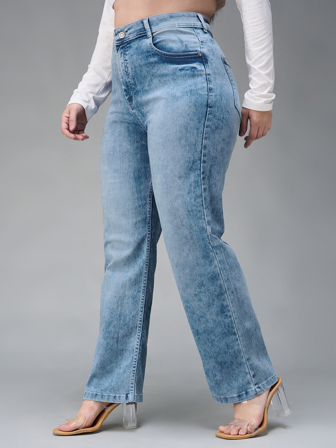Women's Light Blue Wide-Leg Fit High Rise Clean Look Regular Length Stretchable Denim Jeans
