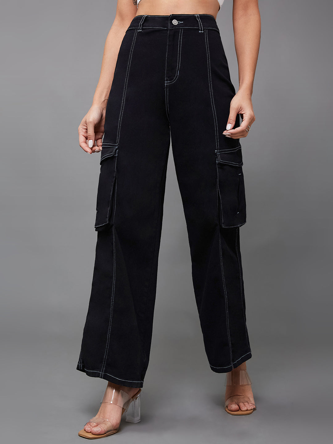 24/7 Comfort Women's Black Wide-Leg High-Rise Stretchable Cargo Denim Jeans