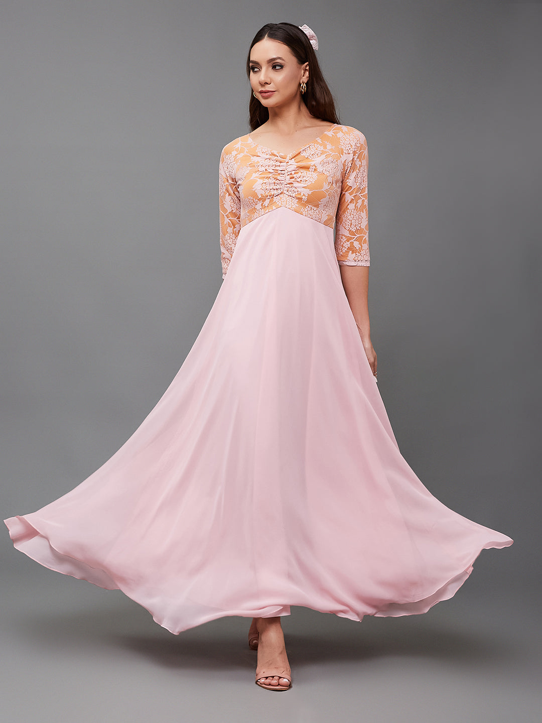 Women's Dusty Pink V-Neck Raglan-Sleeve Self-Designed Empire-Styled Georgette Maxi Dress