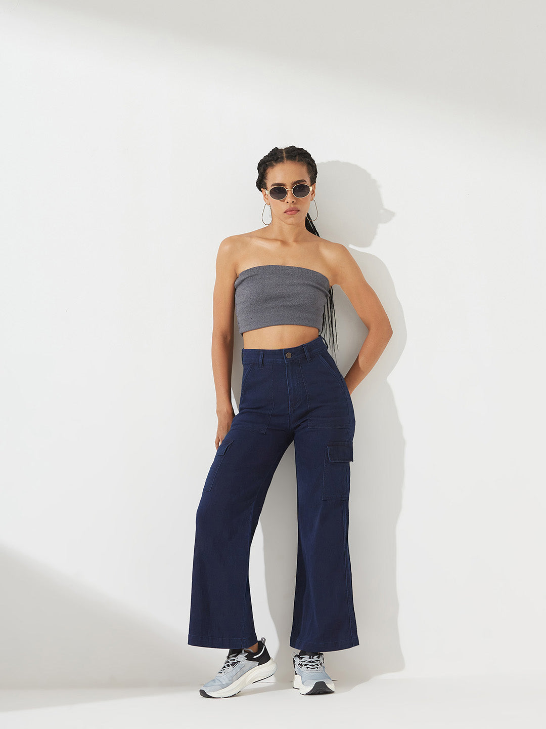 Navy Blue Wide leg High-Rise Regular Stretchable Cargo Denim Jeans For Women
