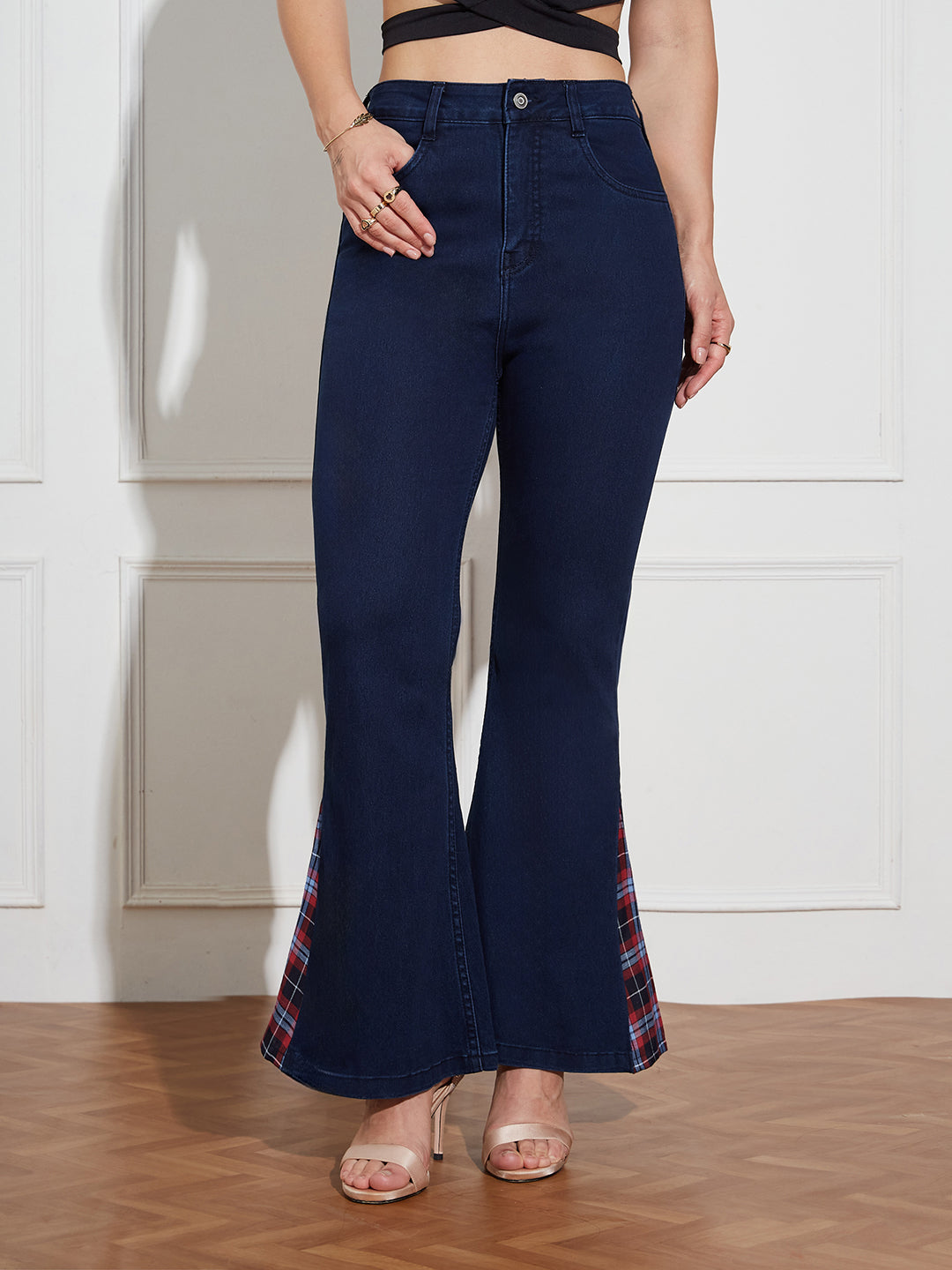 Women's Navy Blue High Rise Clean Look Stretchable Denim Bootcut Jeans