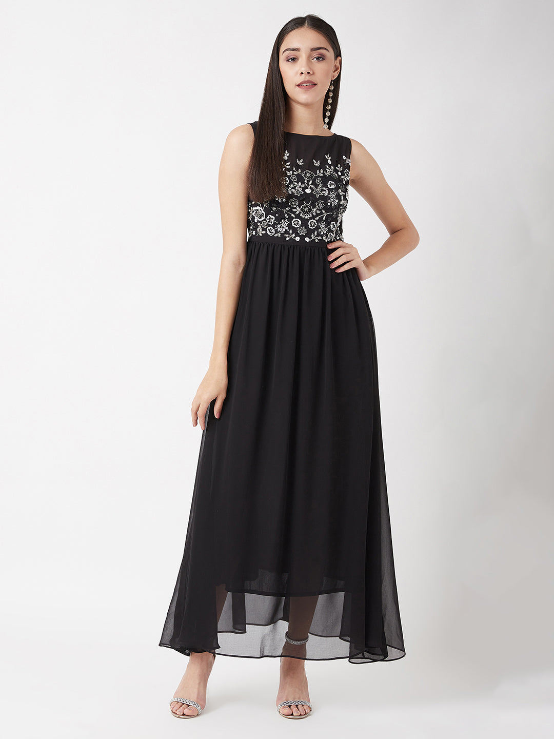 Black Boat Neck Sleeveless Embroidered Gathered Georgette Maxi Dress for  Women