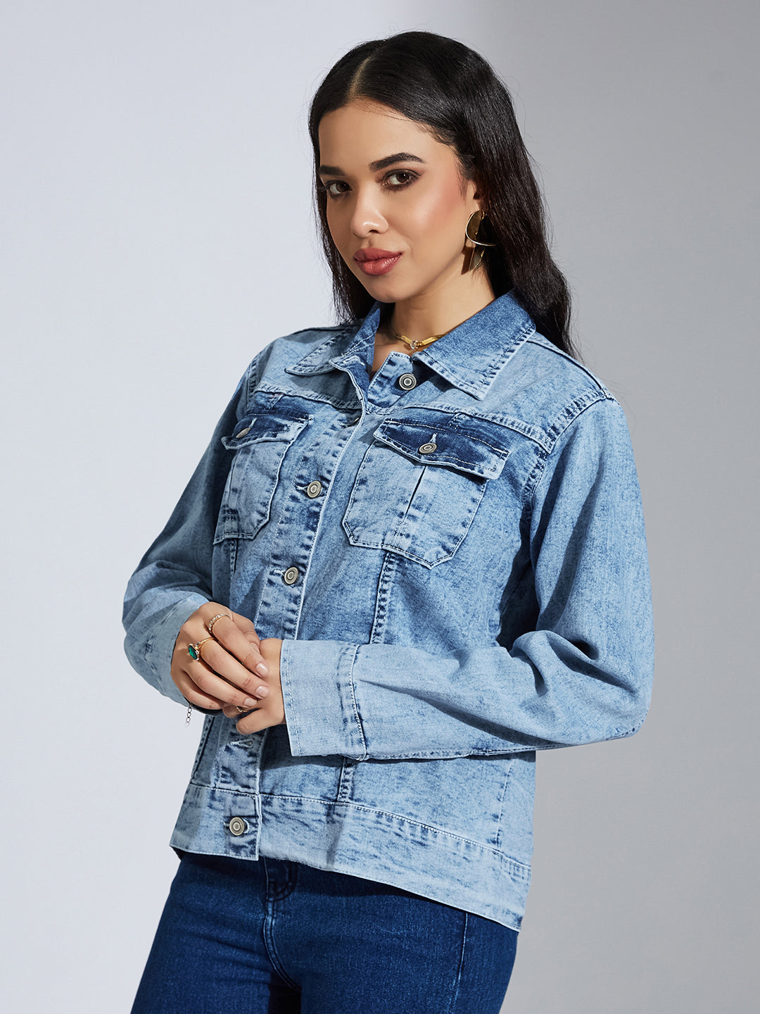 Women's Light Blue Collared Full Sleeve Solid Embellished Regular Length Denim Jacket