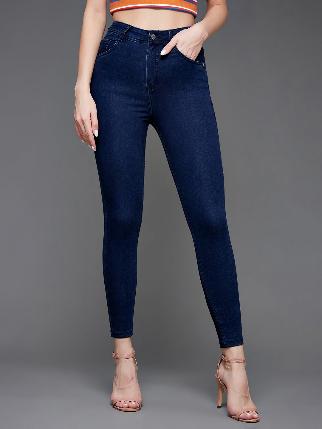 Women's Navy Blue Skinny Fit High Rise Clean Look Cropped Length Stretchable Denim Jeans