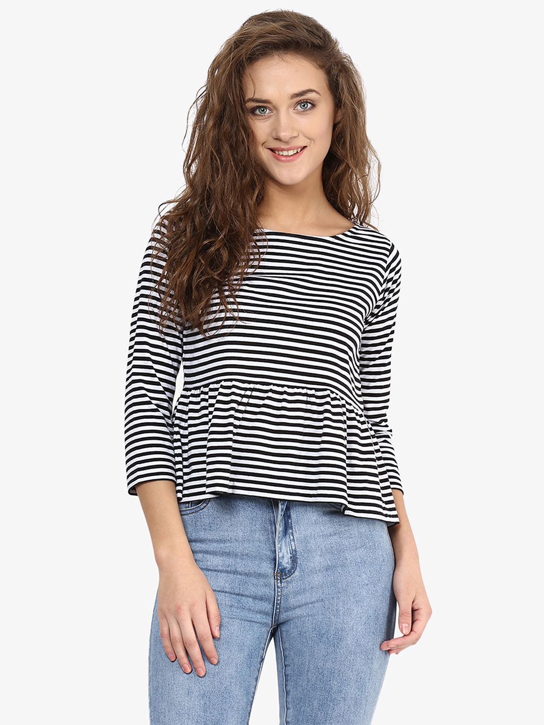 Black and white striped peplum top on sale