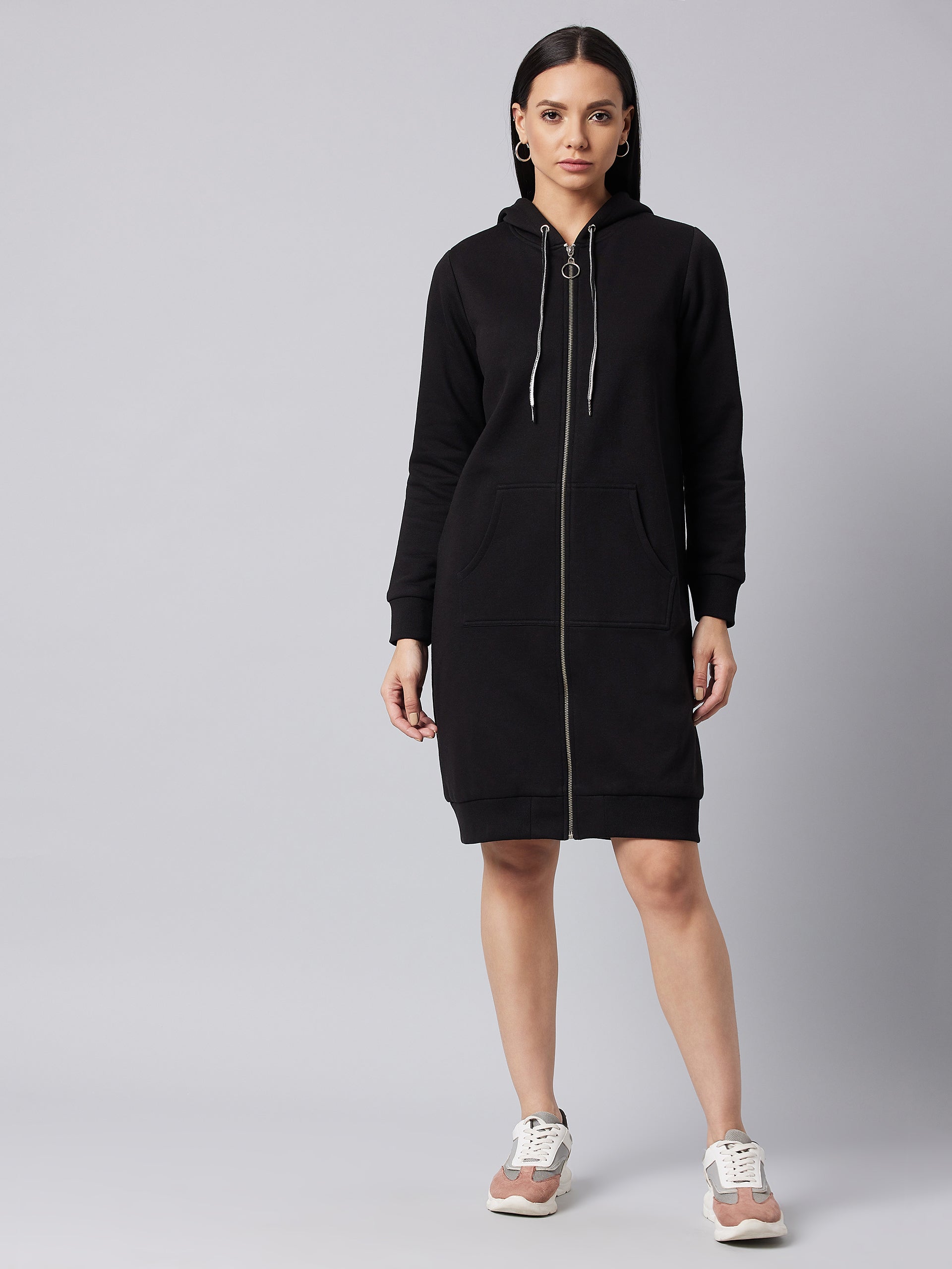 Women's Black Hooded Full Sleeve Solid Knee Length Dress