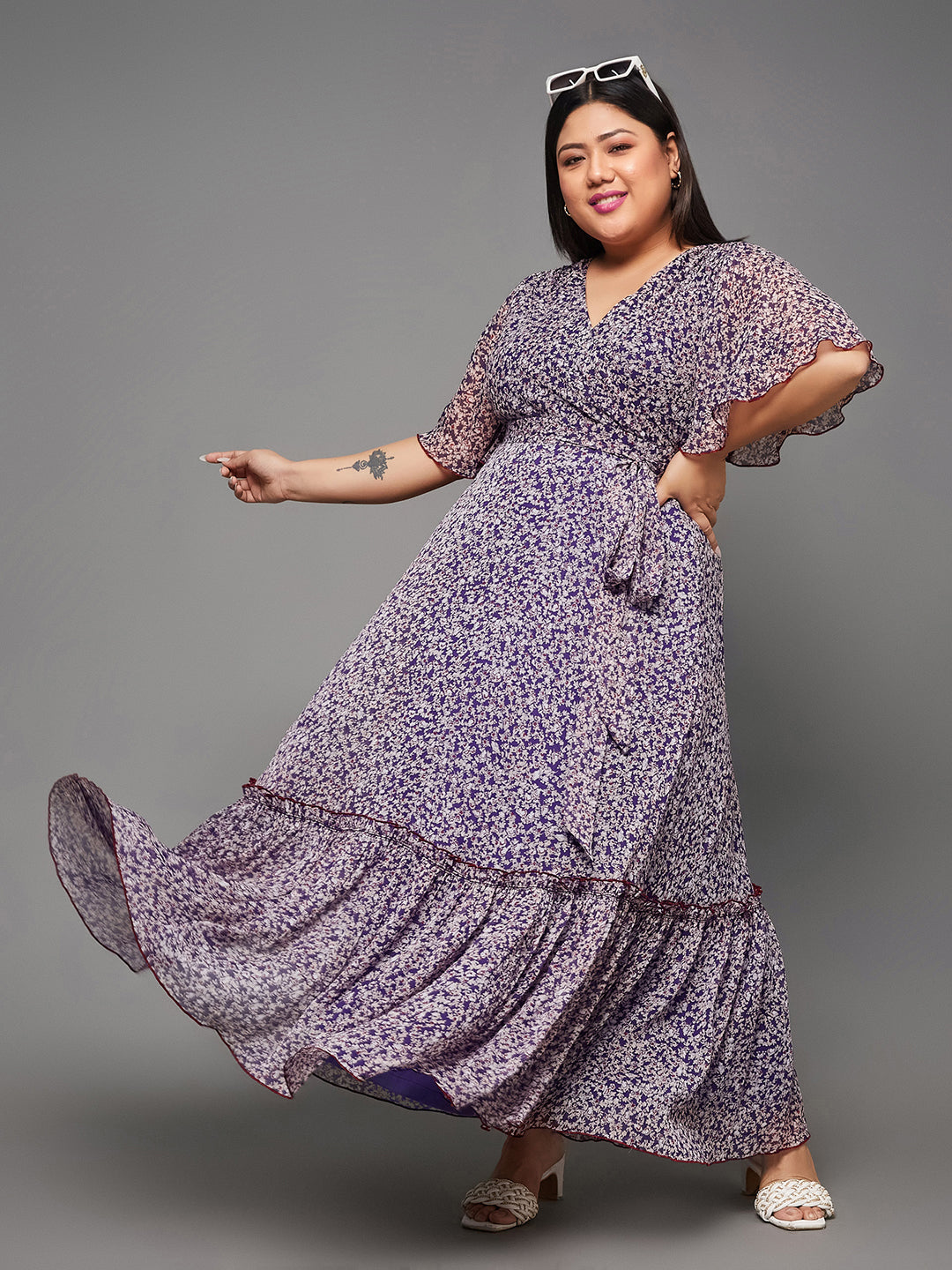 Women's Multicolored-Base-Purple V Neck Flared Sleeve Floral Wrap Chiffon Maxi Dress