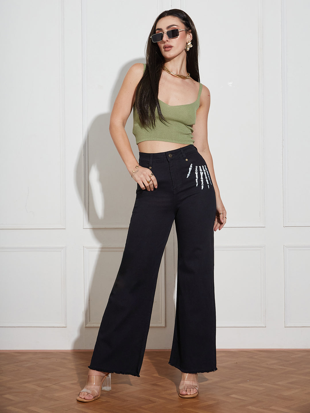 Women's Black Wide Leg High Rise Hand Painted Skeleton Art Stretchable Denim Jeans