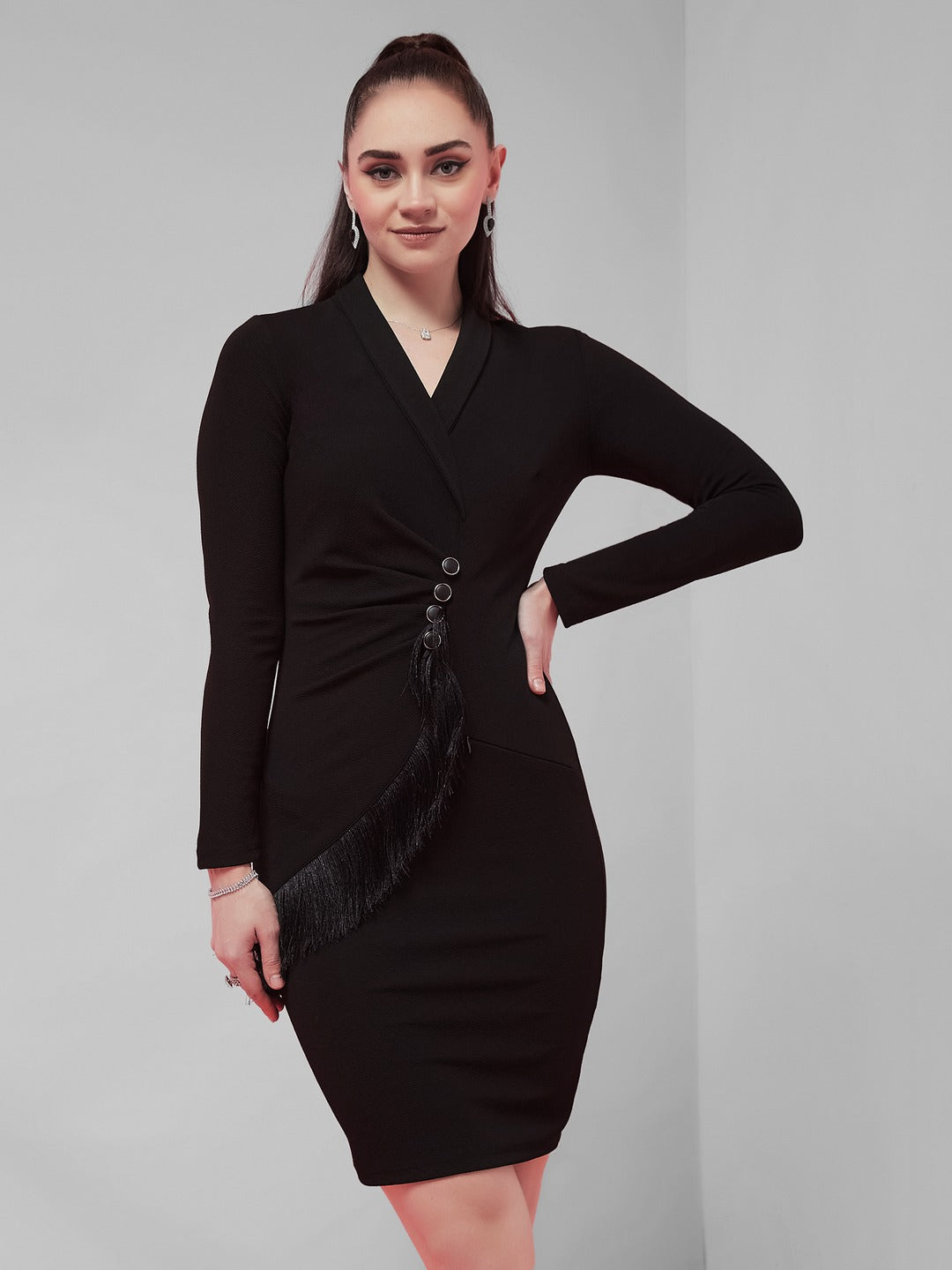 Black Solid Collared Neck Full Sleeve Polyester Bodycon Knee Length Dress for Women
