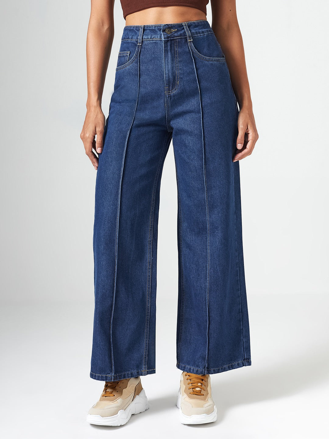 Navy Blue Wide-Leg High-Rise Clean-Look Regular-Length Non-stretchable Denim Jeans for Women