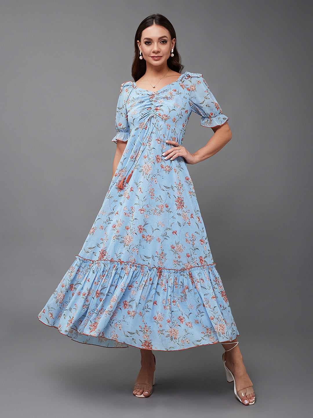 Women's Multicolored-Base-Powder Blue V-Neck Puff Sleeve Floral Ruching Ankle-Length Dress