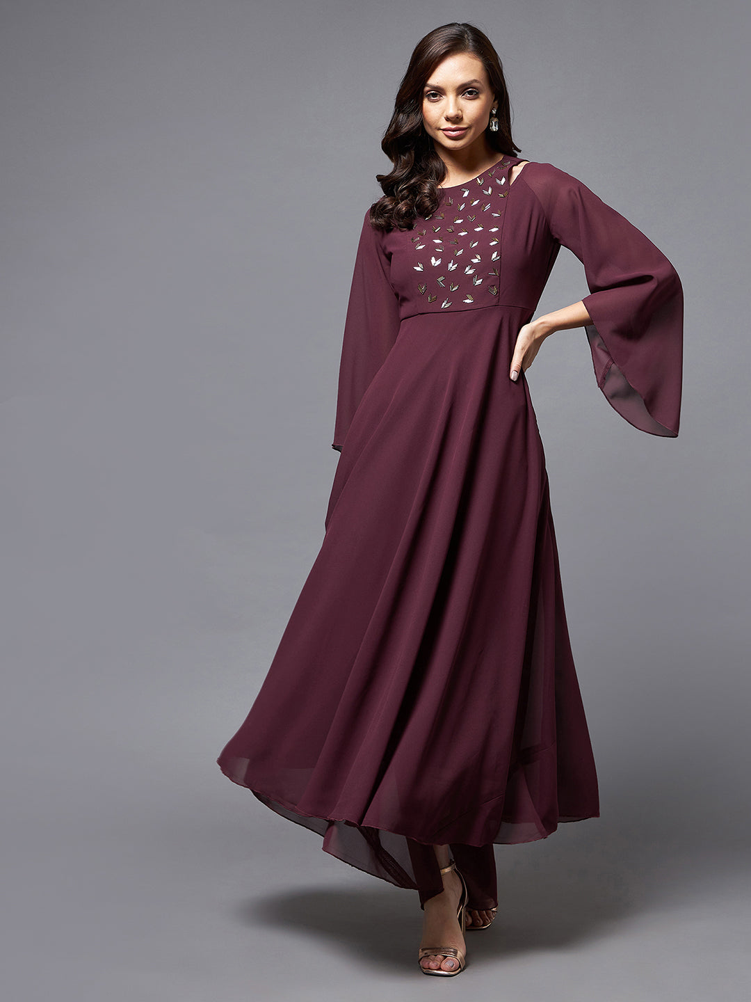 Women's Wine Shoulder Cut-out Embroidered Maxi Dress