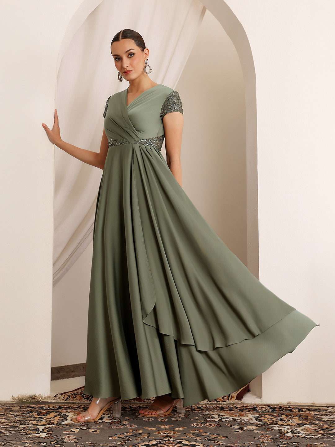 Women's Embellished Pale Olive Gown in Asymmetric Draped Premium Satin