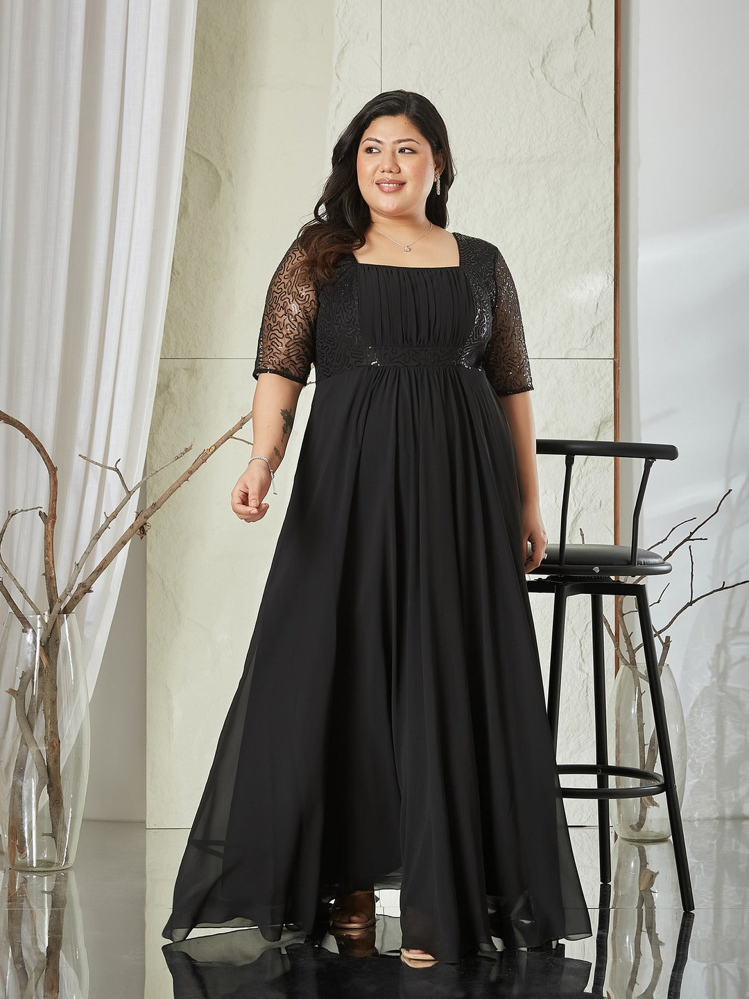 Black Square Neck Half Sleeve Solid Embellished Maxi Dress for Women