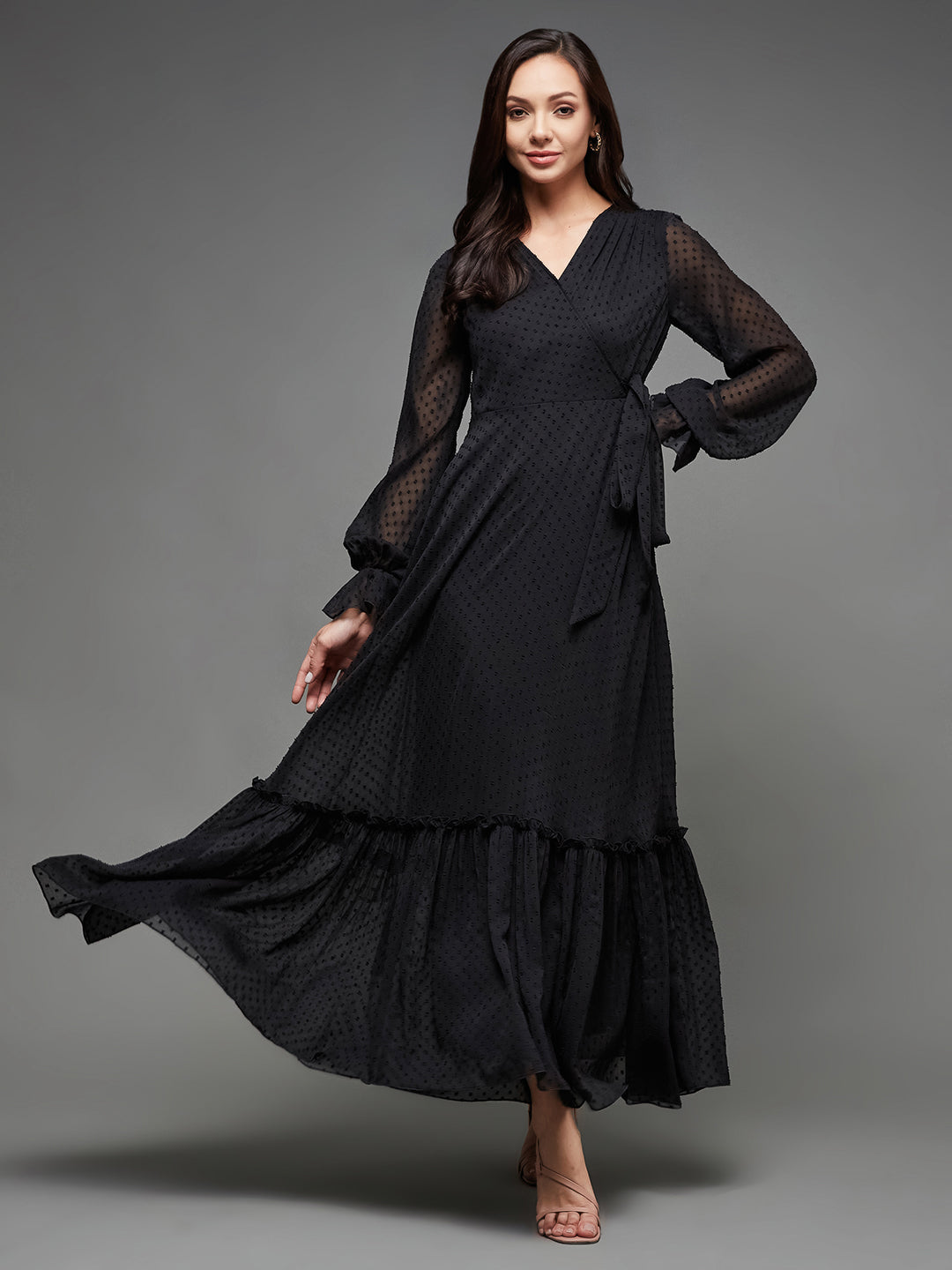 Women's Black Self Design V-Neck Bishop Sleeves Chiffon Wrap Maxi Dress