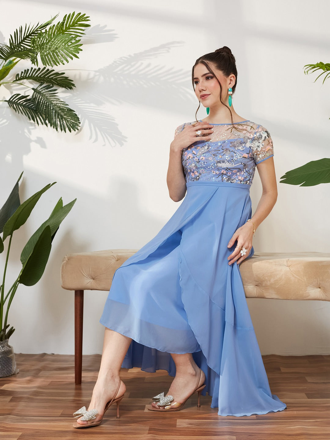 Sky Blue Round Neck Short Sleeve Floral Layered Georgette Midi Dress for Women
