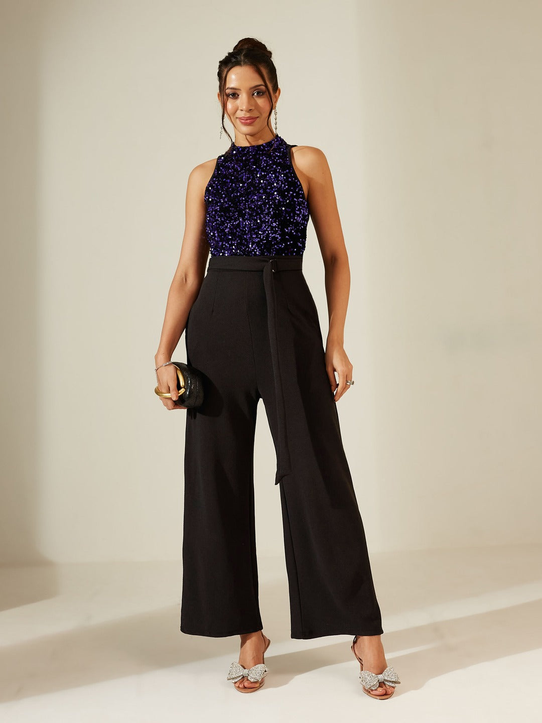 Black And Blue Halter Neck Sleeveless Embellished Jumpsuit for Women