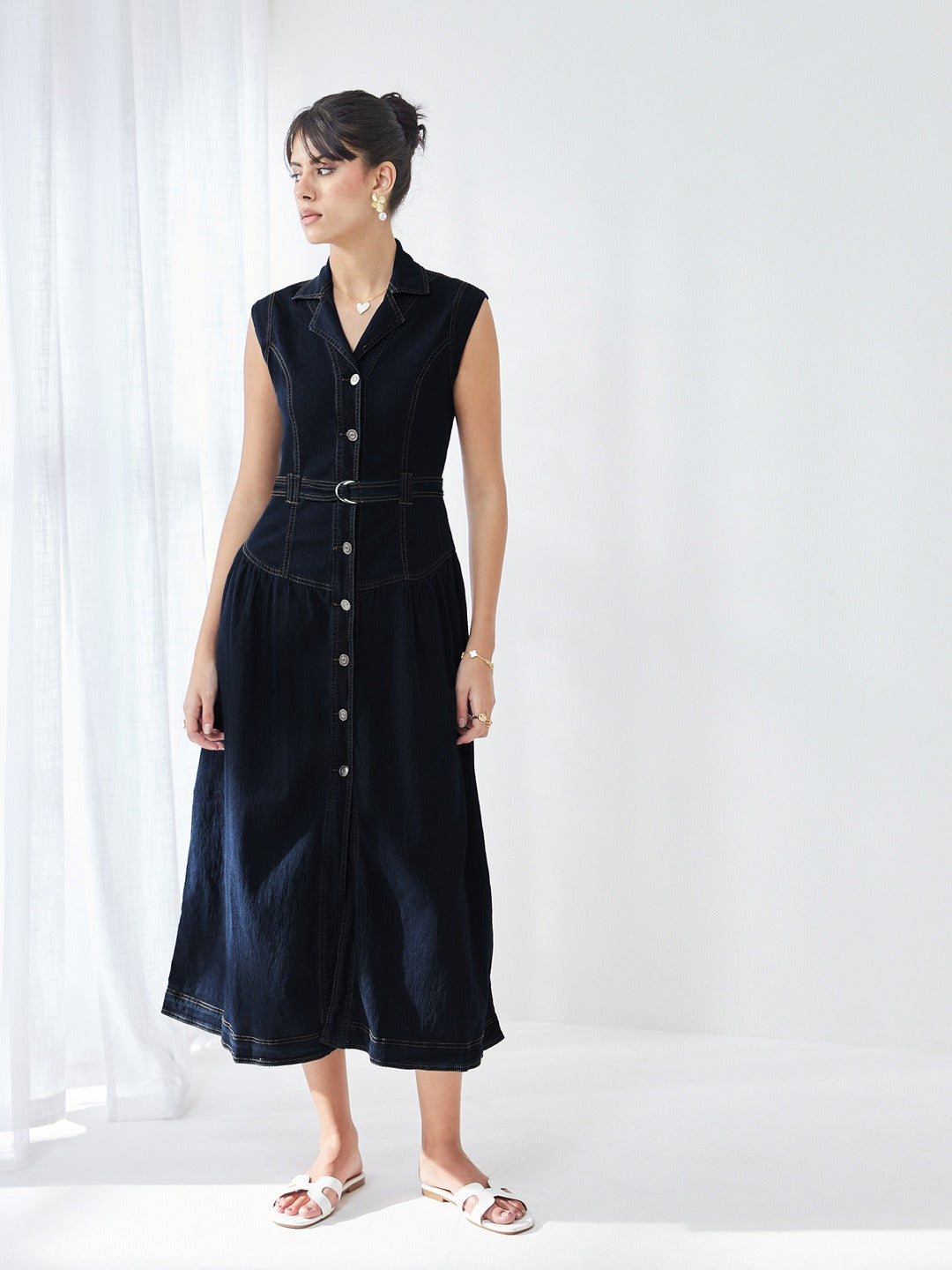 Dark Blue Notched-Collar Sleeveless Solid Drop Waist Maxi-Length Light Weight Denim Shirt Dress for Women