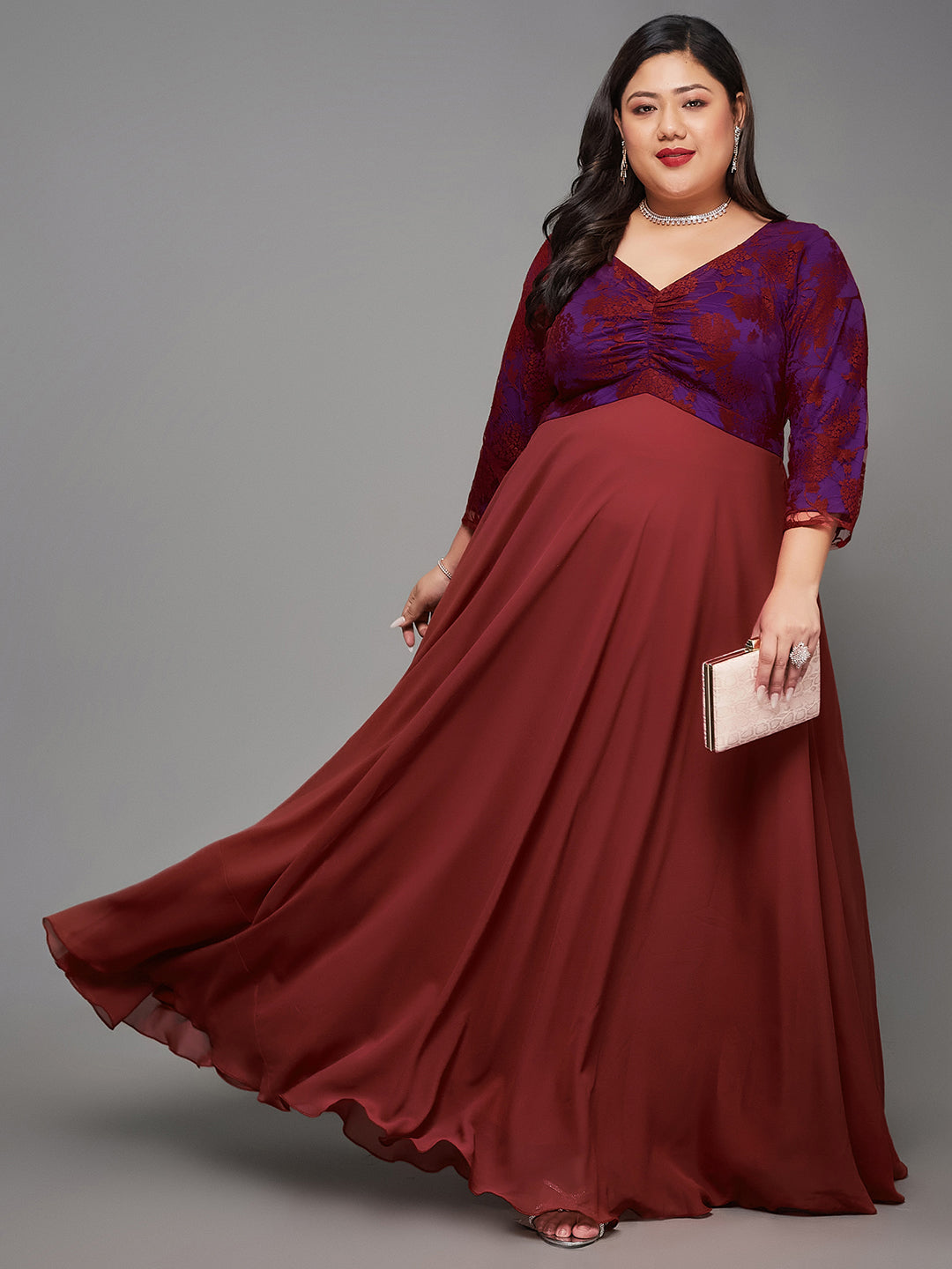 Women's Brick Red Sweet heart neck 3/4 Sleeve Self Design Fit & Flare Maxi Dress