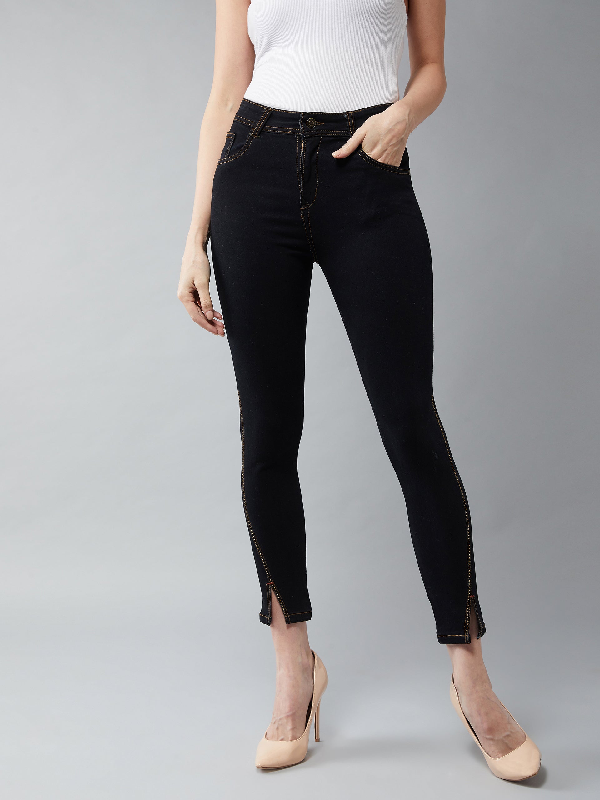 Women's Black Embellished Skinny High Rise Side Slit Solid Cropped Length Stretchable Denim Jeans