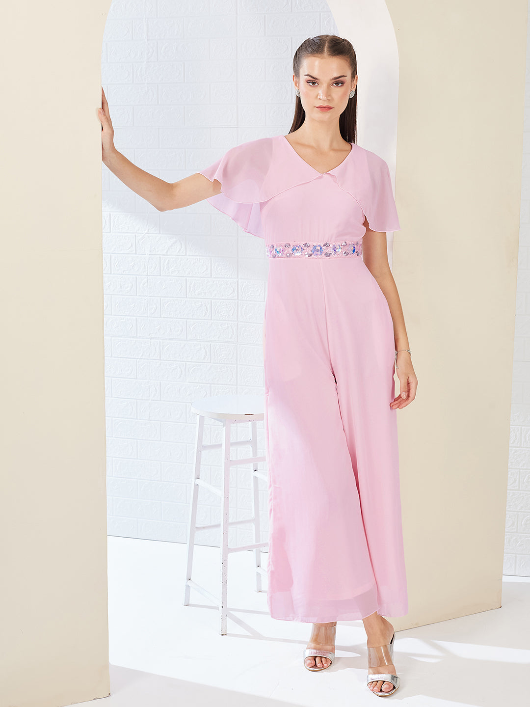Light Pink Georgette V-Neck Cape Solid Layered Regular Jumpsuit for Women