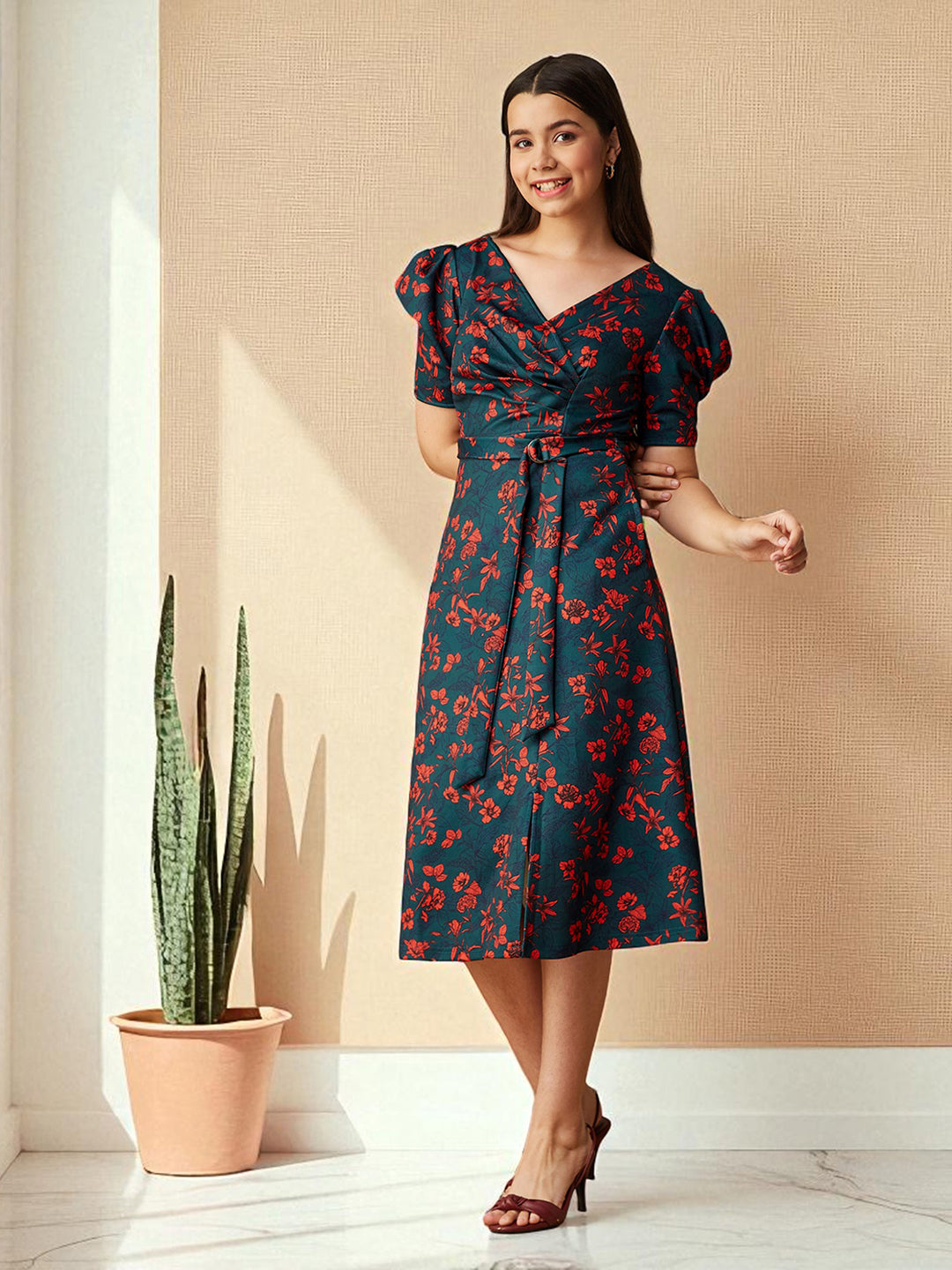 Multicolored-Base-Teal V-neck Puff Sleeve Floral Wrap Midi Dress for Girls/Teenagers