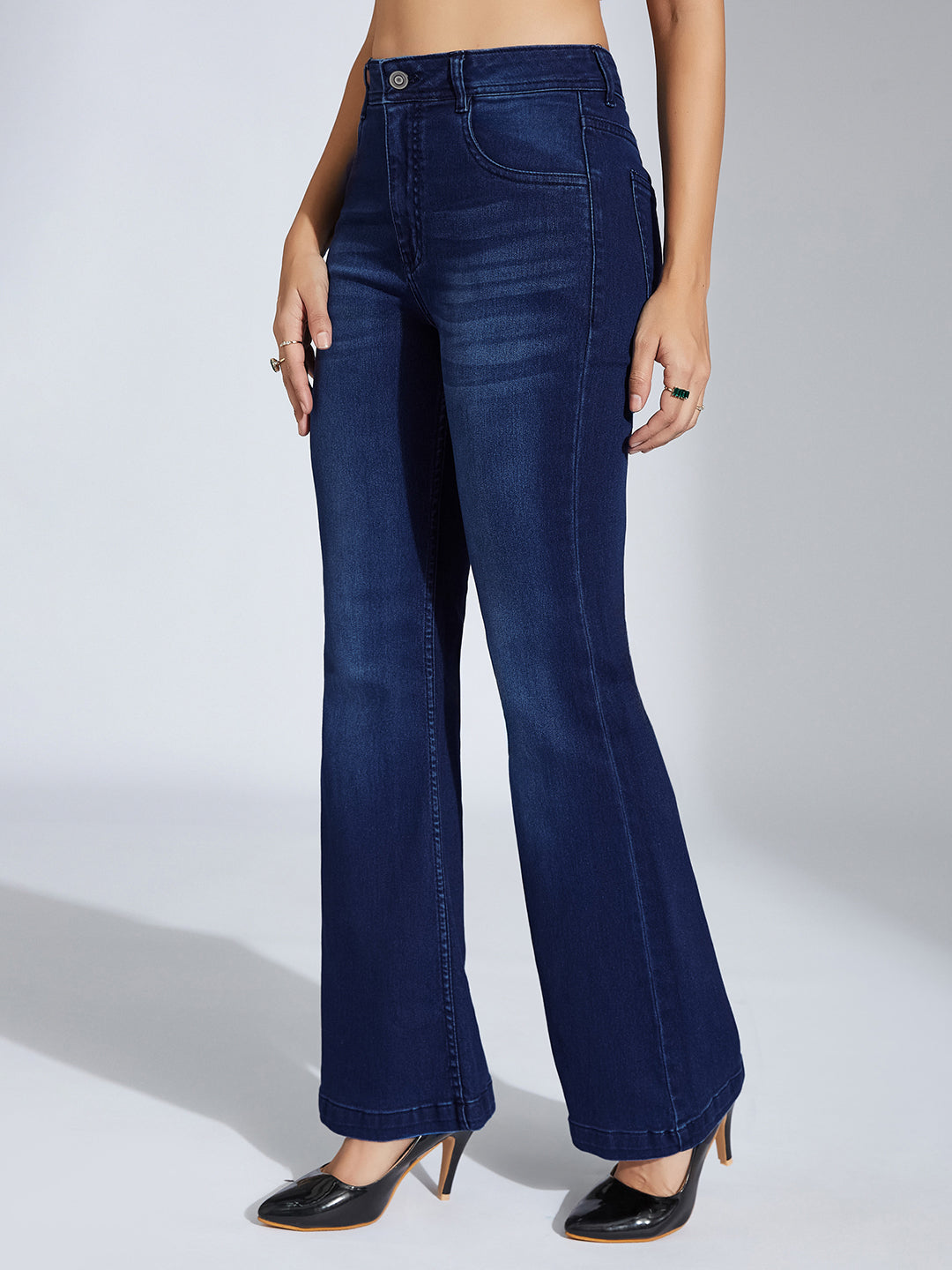 Women's Navy Blue High-Rise Clean-Look Regular-Length Stretchable Bootcut Denim Jeans