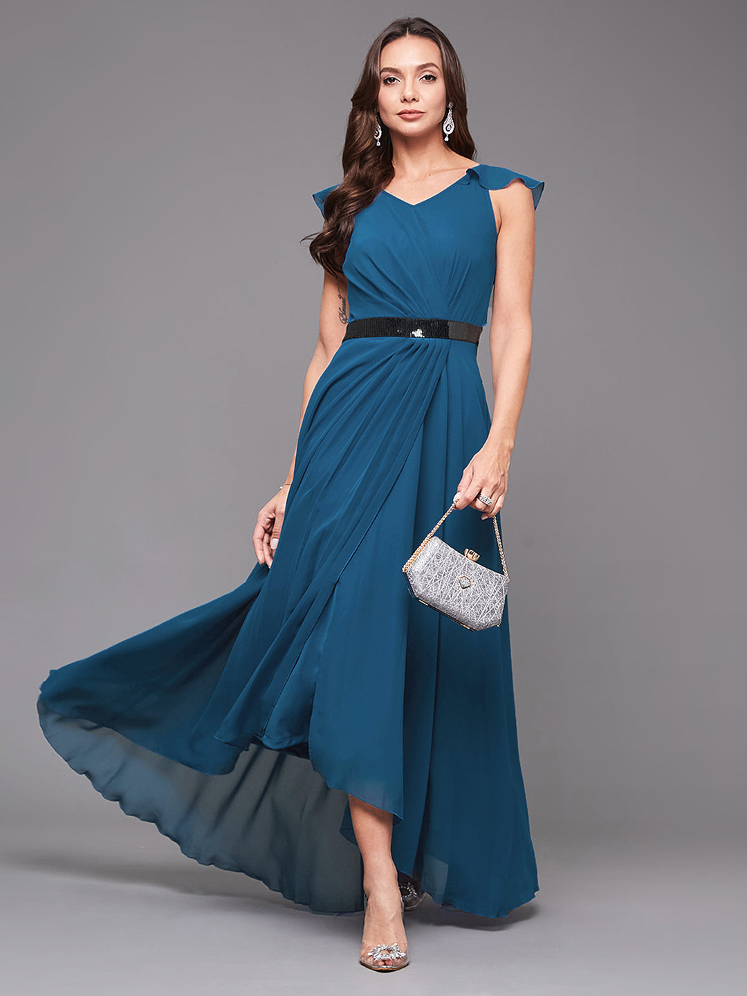 Women's Royal Blue V-Neck Ruffled Sleeve Solid Sequined Party Maxi Dress