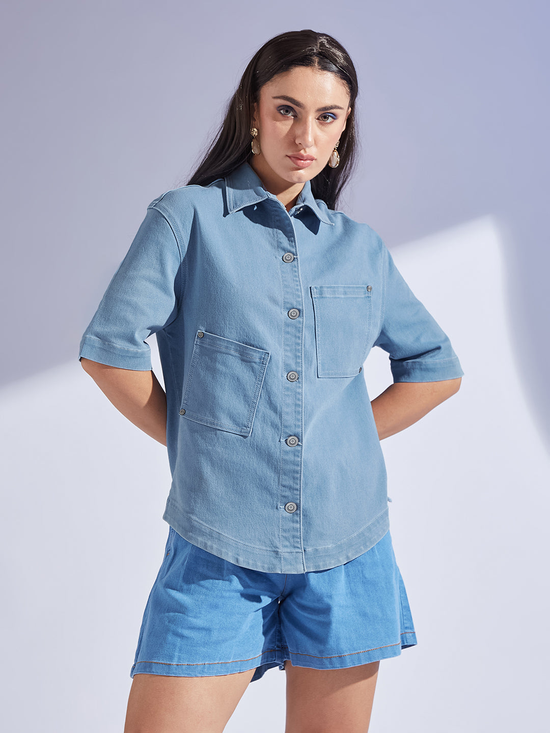 Women's Light Blue Shirt Collar Half Sleeve Asymmetrical Panelled Regular-Length Denim Shirt