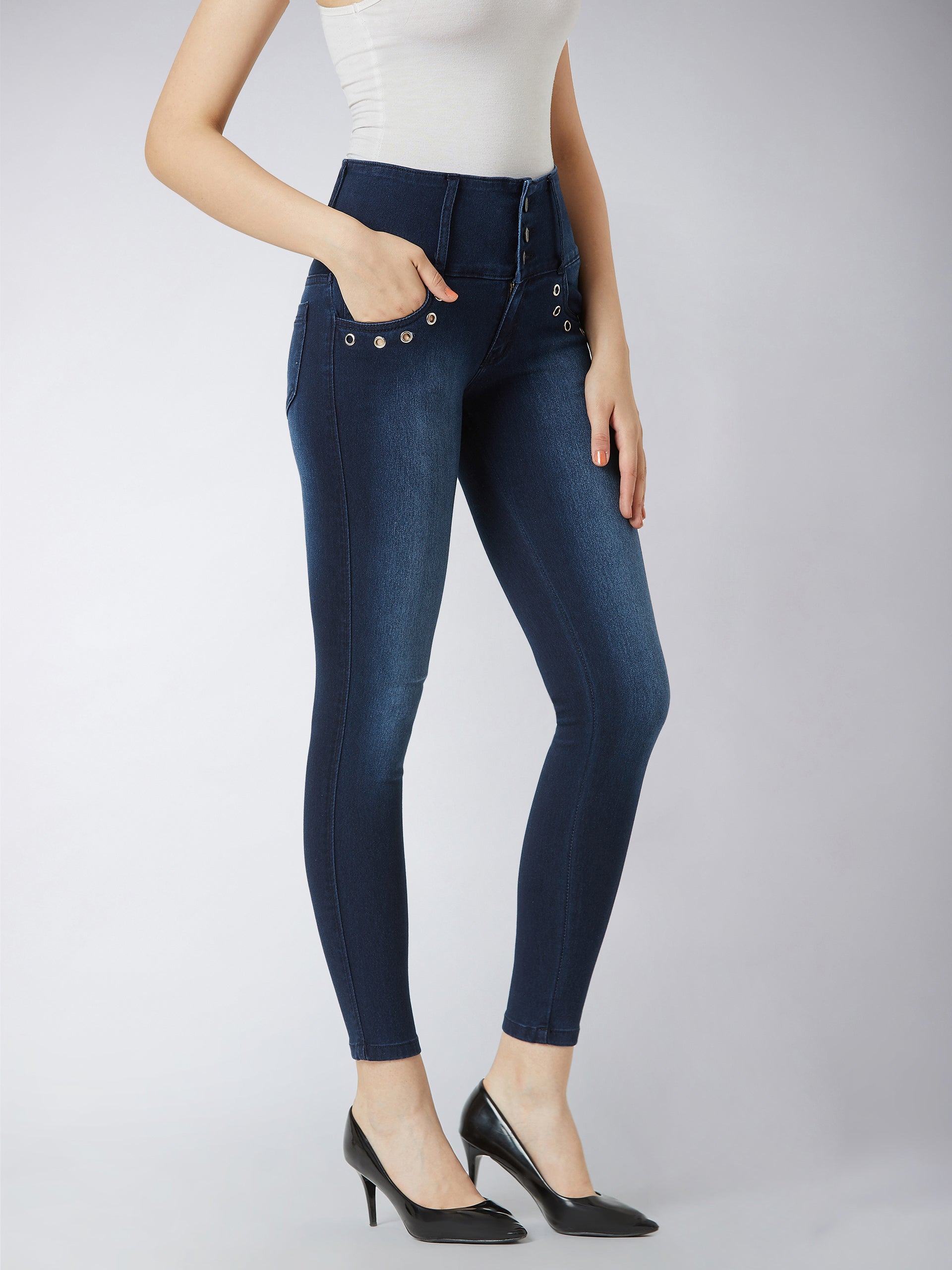 Women's Navy Blue Skinny Fit High Rise Regular Length Stretchable Denim Pants