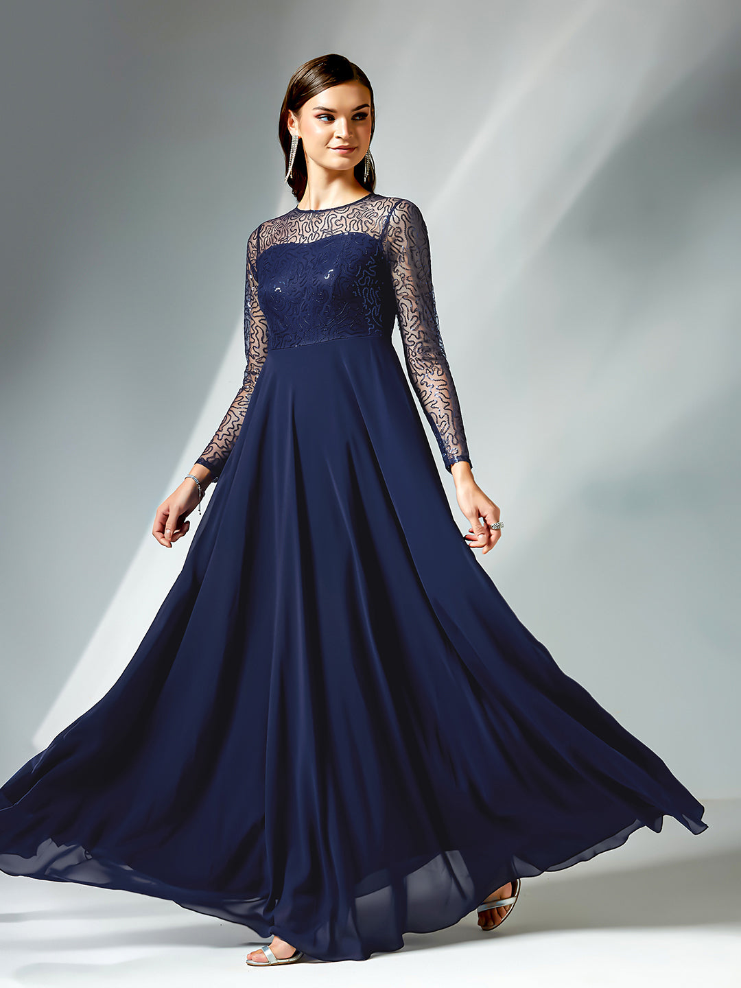 Navy Blue Solid Embellished Maxi Dress for Women