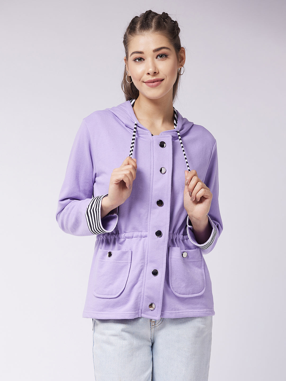 Women's Multicolored-Base-Lavender Hooded Full Sleeve Solid Waist Tie-Up Regular Jacket