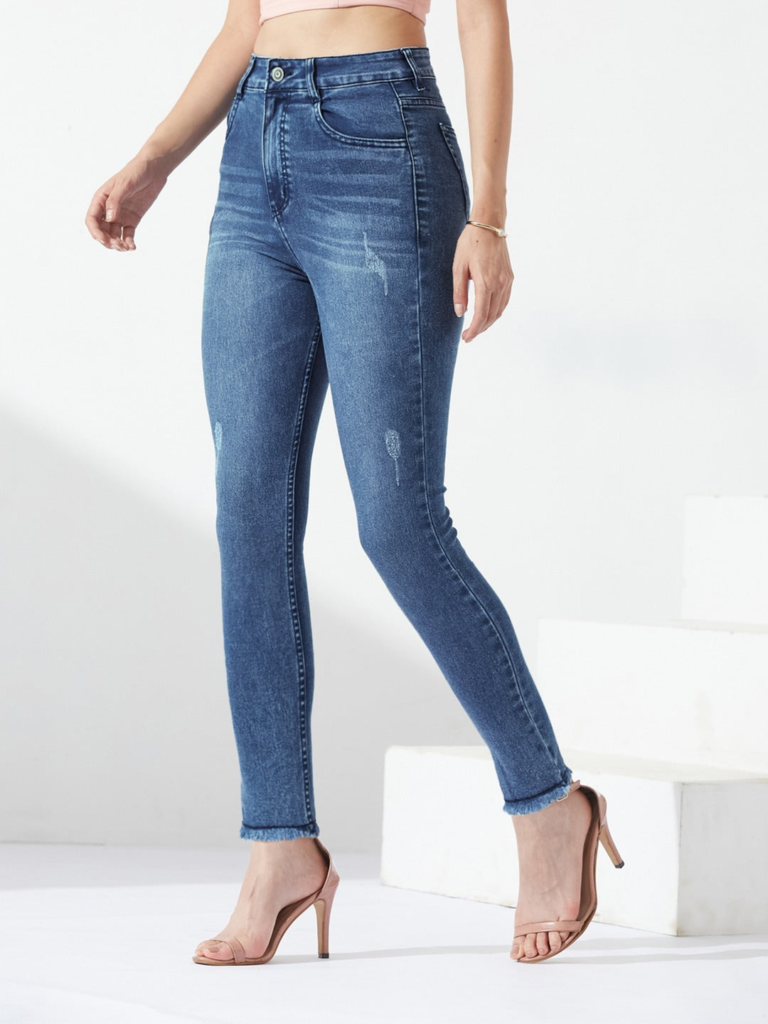 Mid Blue high-rise Mildly-Distressed Cropped Stretchable Denim Skinny Jeans for Women