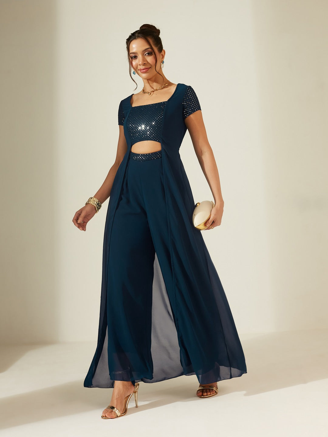 Teal Embellished Square Neck Short Sleeve Georgette Cut Out Relaxed Fit Regular Jumpsuit for Women