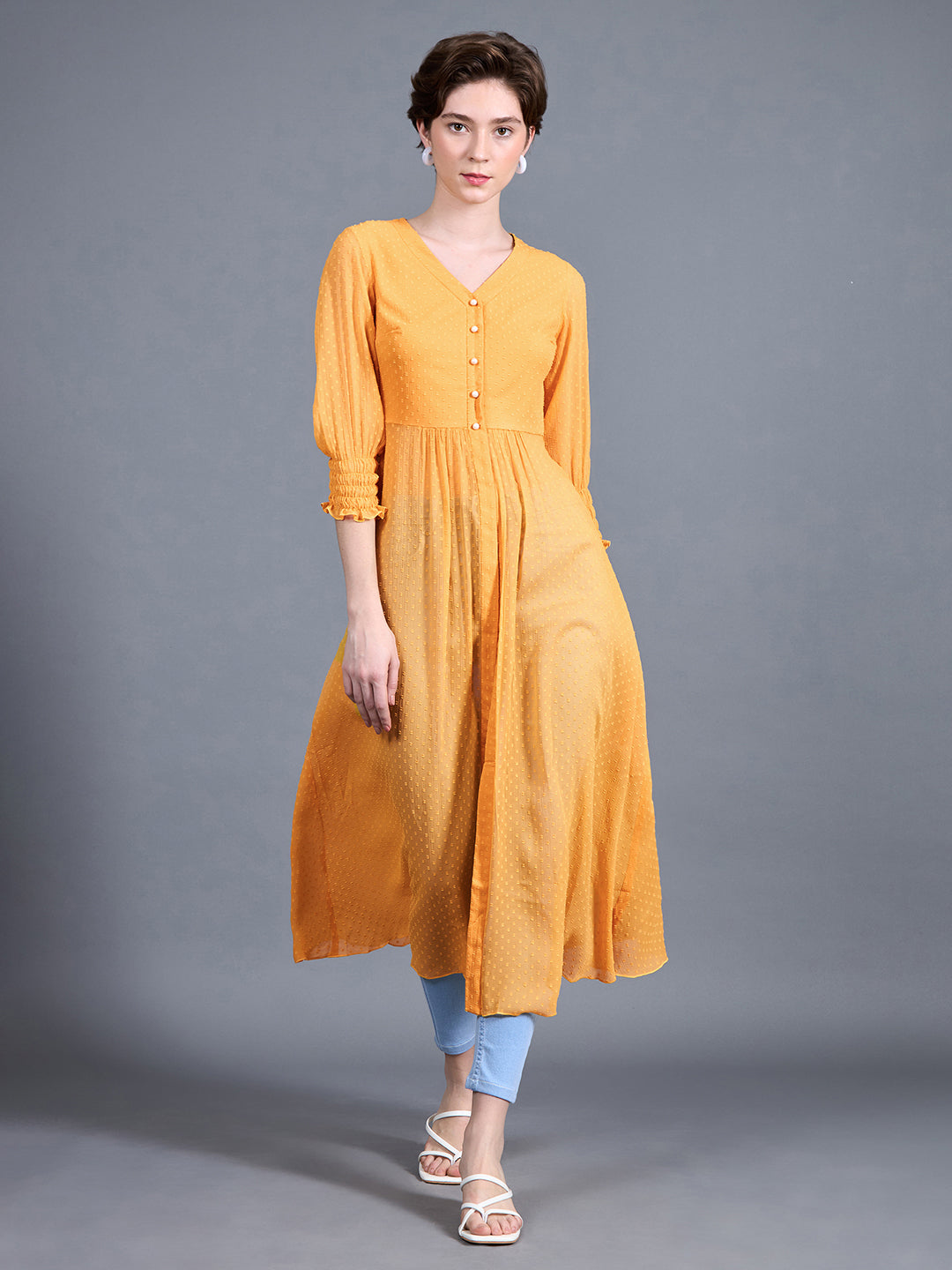 Women's Mustard Yellow V-Neck 3/4 Sleeves solid empire Maxi Top