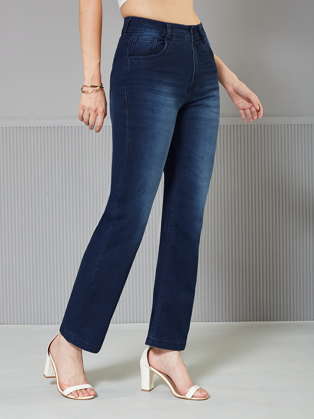 Navy-Blue Wide-Leg Mid-Rise Regular Stretchable Denim Jeans for Women