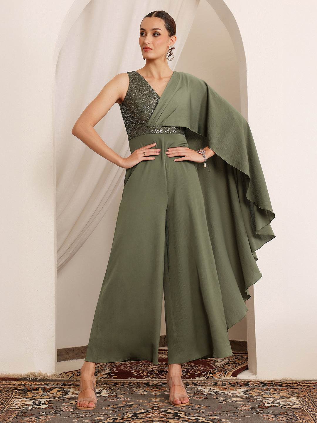 Women's Embellished Satin Jumpsuit in Pale Olive with Draped Pleats