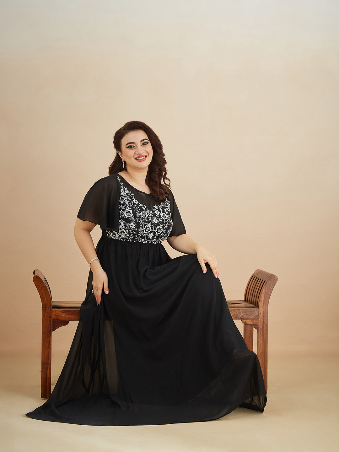 Women's Black Embellished Gathered Maxi Dress